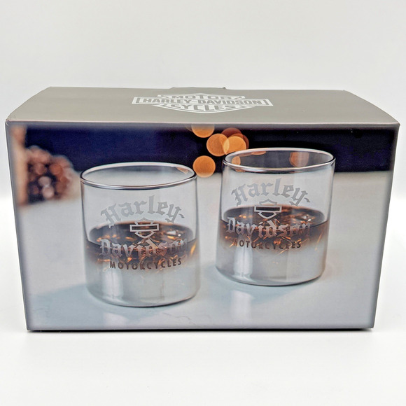 Set 2 Harley Davidson Rocks Barware Glass Engraved Retro Silver Band Rim 9 oz. - Picture 1 of 5